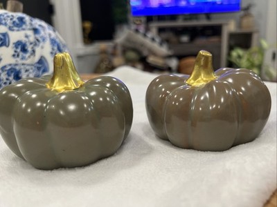 Sage Green 3.5 x3.5 x3  Autumn/Fall Pumpkins With Gold Stems Ceramic Set Of 2
