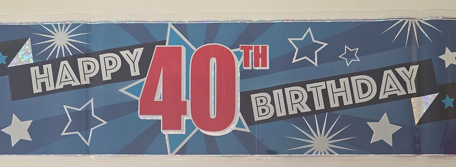Happy 40th Birthday 40 Today Holographic Foil Banner Blue Stars 2.6m or 3 x 87cm