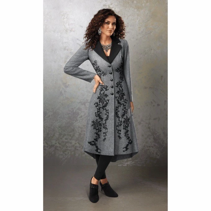 Blazer feminino meia-noite veludo preto floral tweed espanador tamanho M bordado - Imagem 2 de 4