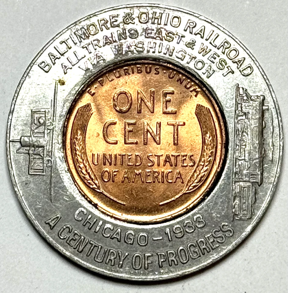 1933 年 Encased Cent 巴尔的摩和俄亥俄铁路公路芝加哥世纪进步未流通 — 第 2/2 张图片