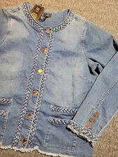 Dg2 Diane Gilman Denim Jacket Sz MED Dark Wash Faded Lattice Braided Stretch 