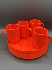 Oblique By PMC Orange Melmac 4 Plates & 4 Cups Stackable Vintage MCM