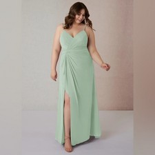 NWT Azazie Emerald A-Line Ruffled Chiffon Dress in Agave, size 14