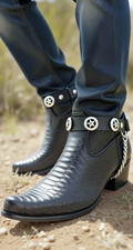 Men Women Fashion Boot Biker Metal Chain Black 2 Straps Texas Lone Star Charms