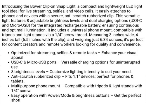 Bower Clip-on Snap Light for Streaming, Selfies & Remote Work - USB-C, Black - Photo 9 sur 10