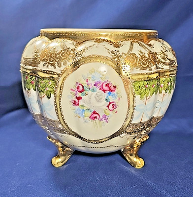 Antique Nippon Hand Painted Rose 3-Footed Bowl Vase Moriage Japan 1891 1921