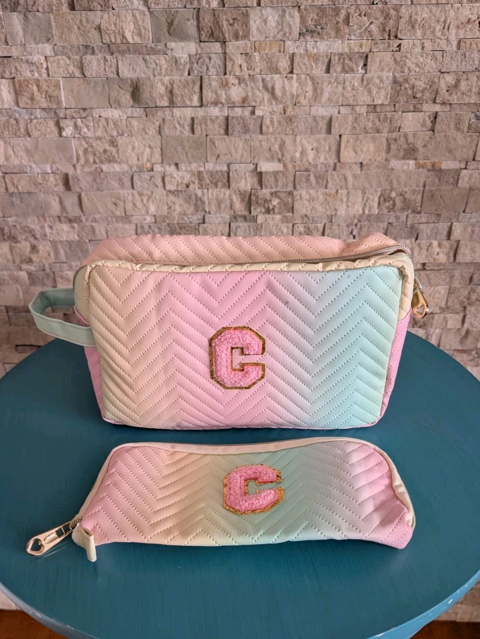 Personalized "C" Initial Preppy Patch Rainbow Makeup Bag Set 2 Pcs image 7