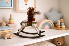 Vintage Wooden Rocking Horse Hand Painted Folk Art Nursery Decor 11 Inch ms60