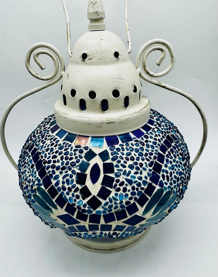 Pier One Mosaic Glass Cobalt Blue Hanging Garden Lantern Candle Boho - Image 3 of 4