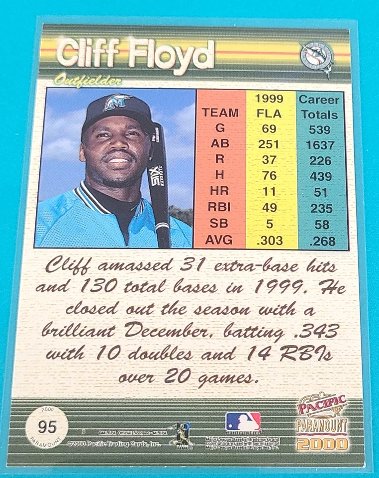 2000 Pacific Paramount #95 Cliff Floyd Florida Marlins BASEBALL Card D7 - Image 2 of 2