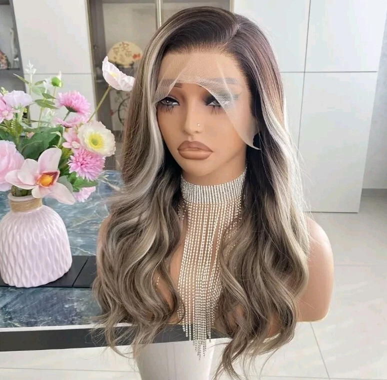 HD Lace Front Wig Human Hair Blend Highlights  Straight Honey BROWN Blonde - Image 2 of 4