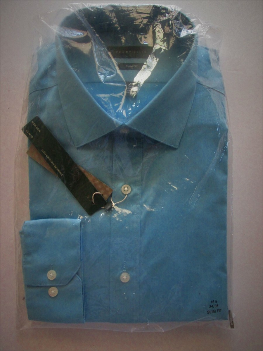 perry ellis non iron dress shirt Perry Ellis Men's Slim Fit Total Stretch Shirt in Skylight/blue, Size Medium, 100% Polyester, Solid Short Sleeves