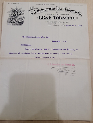 1893 Antique Document, G.J. Helmerichs Leaf Tobacco Co., Market St. St  Louis *5