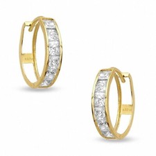 10K Yellow Gold CZ Princess Square Cut Huggies Hoops Earrings 15mm Baby Girls
