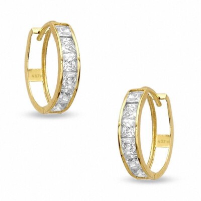 10K Yellow Gold CZ Princess Square Cut Huggies Hoops Earrings 15mm Baby Girls