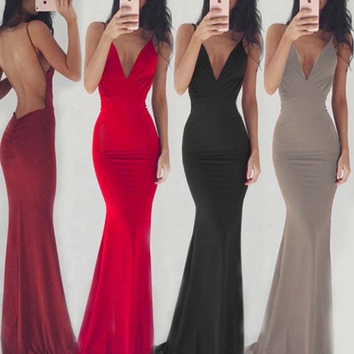 Women's Spaghetti V-Neck Backless Long 