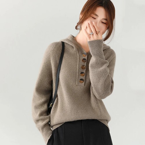 Women Sweater Pullover Long-sleeves Button Winter Thickening Warm Knit Tops