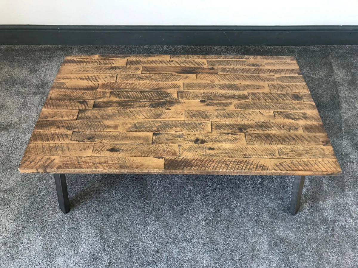 Unique Rustic Metal Coffee Table Dark Oak Wood Block Effect