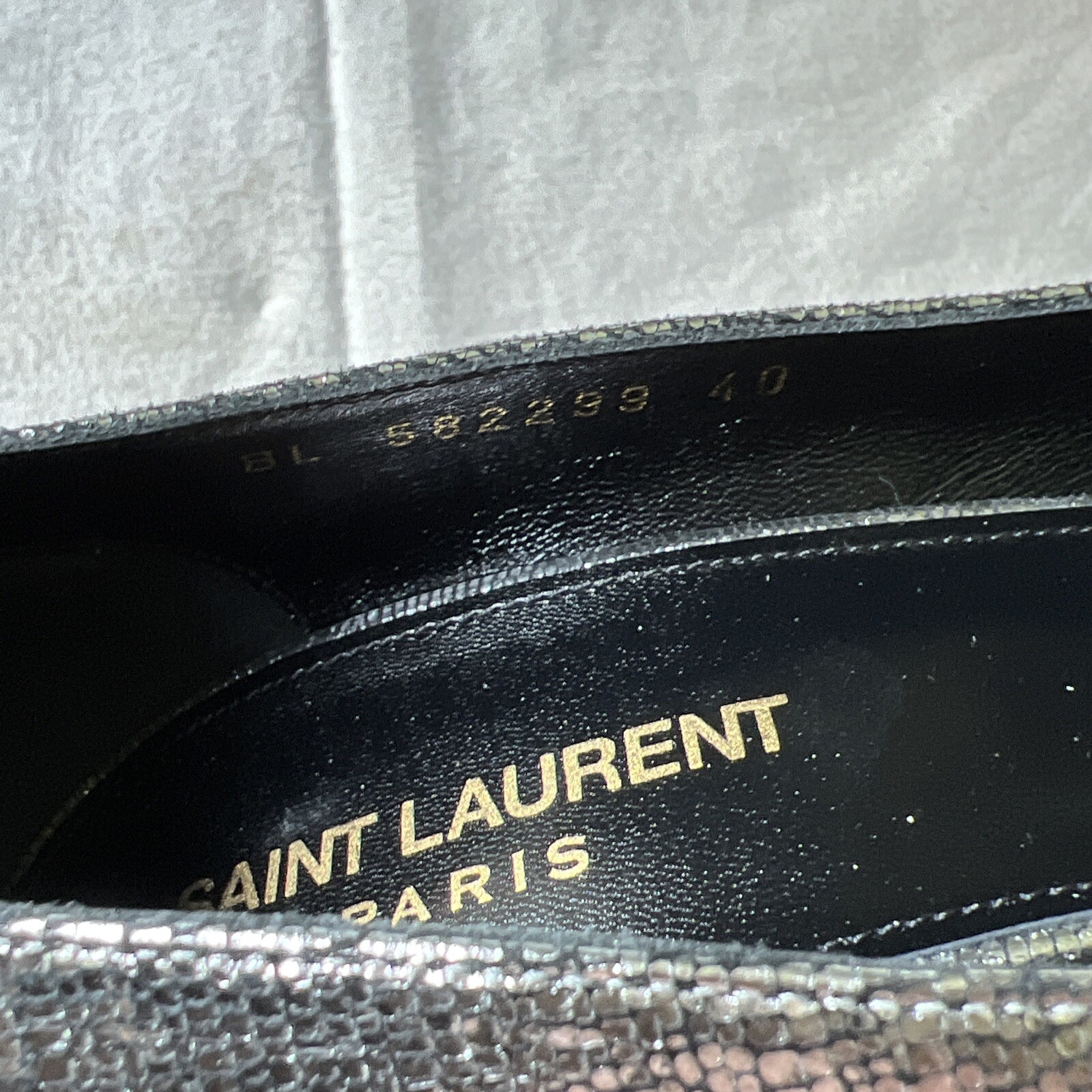 Scarpe Saint Laurent donna 40 US 10 Anja 85 grigio metallizzato tacco alto décolleté