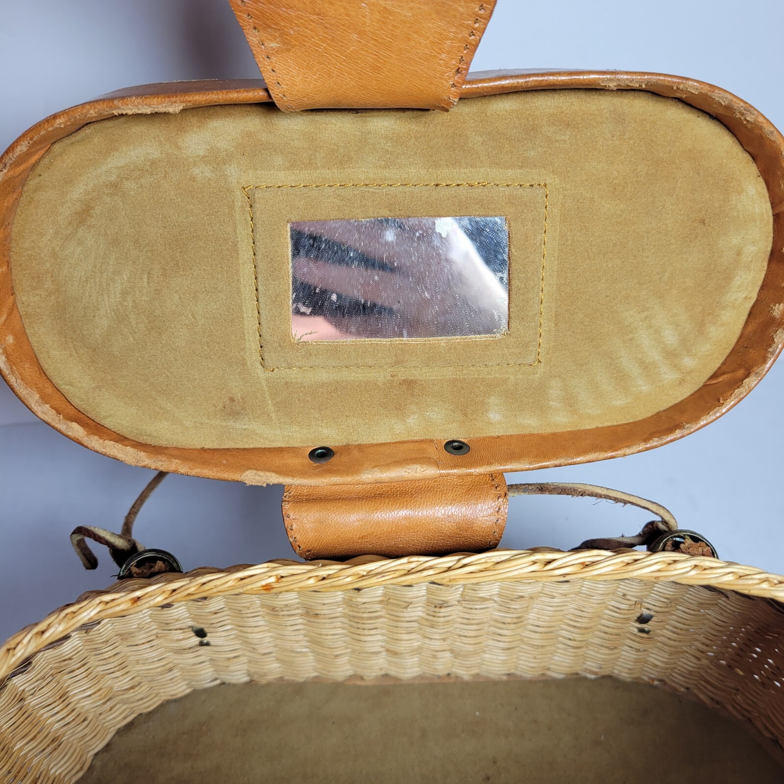 Vintage Tooled Leather and Wicker Fishing Basket Purse Handbag Floral