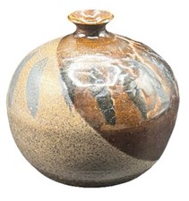 Art Pottery Vase Vessel Jug Stoneware Brown Blue 6”H Boho Rustic Heavy