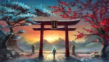 Landscape torii trees fantasy art Custom Gaming Mat Desk