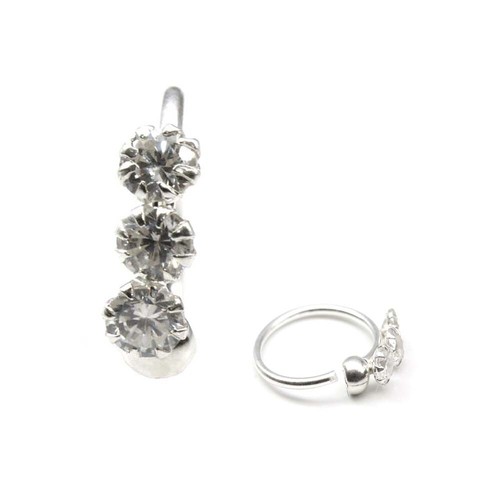Real Solid 925 Sterling Silver White CZ Hoop Nose Rings Ball Closure 22 Gauge - Picture 2 of 3