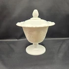 Vintage Indiana Glass Harvest Grape Open Lace Milk Glass Footed Compote & Lid 7"