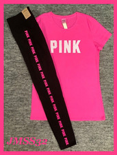 Victoria's Secret Pink SS Tee Shirt  Leggings Set Neon Pink Logo Black L XL NWT