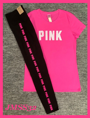 Victoria's Secret Pink SS Tee Shirt + Leggings Set Neon Pink Logo