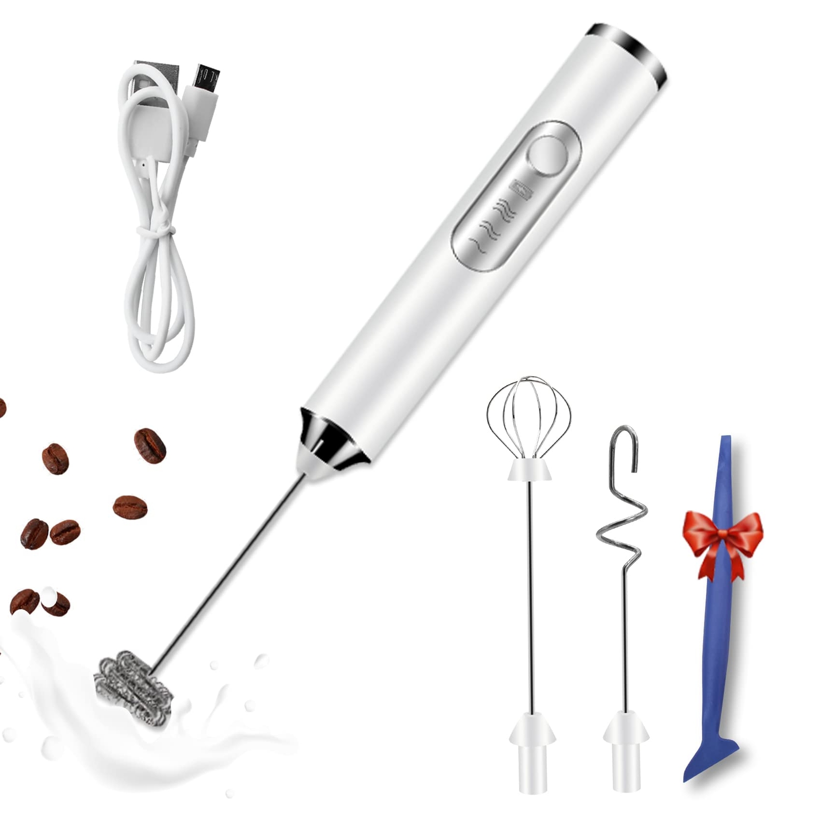 Coffee & Milk Frother Handheld Rechargeable with 3 HeadsElectric Whisk Drink ...