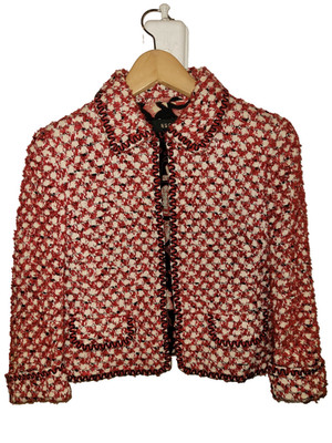 ESCADA Jacket Blazer Red White Houndstooth Boucle Tweed Christmas Holiday S/EU34