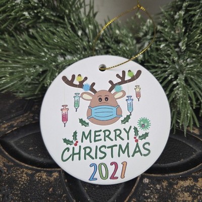 Funny Virus 2021 Christmas Ornament Reindeer w/Shots Face Mask Ceramic Ironic