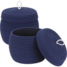 Round Cotton Rope Storage Basket with Lid, Decorative Woven Storage Bin, Pot,...