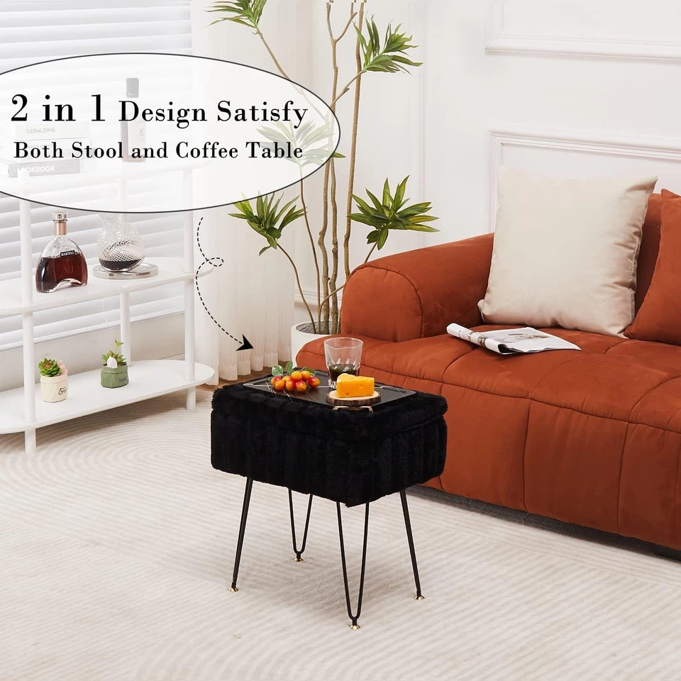 Taburetes de tocador otomanos de almacenamiento con patas de metal imitación piel de visón reposapiés silla de maquillaje Foto 3 de 4