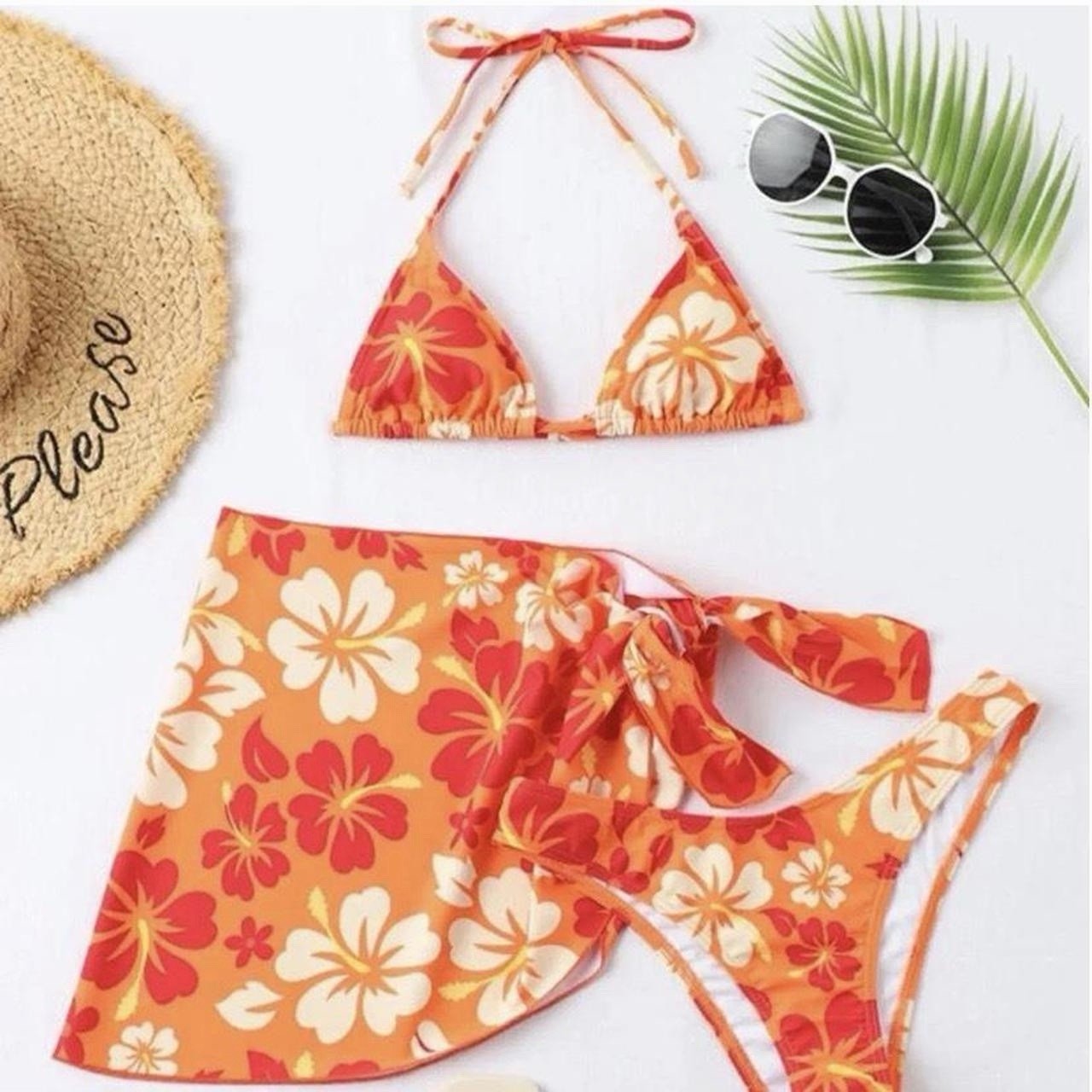 Orange Floral 3 Piece Women’s Bikini Set M/L Triangle Halter Tie Accents