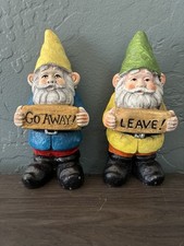 2 Ceramic Garden Gnome 6-1/2” Figurines. “Go Away” & “Leave”. Pre Owned.