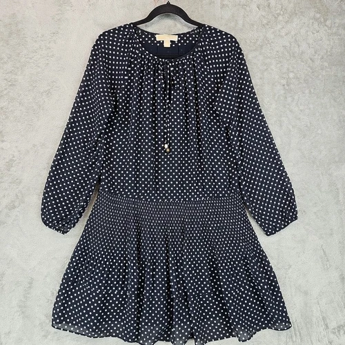 Abito donna Michael Kors a strati con scollo a cravatta taglia S blu navy a pois chiffon a strati