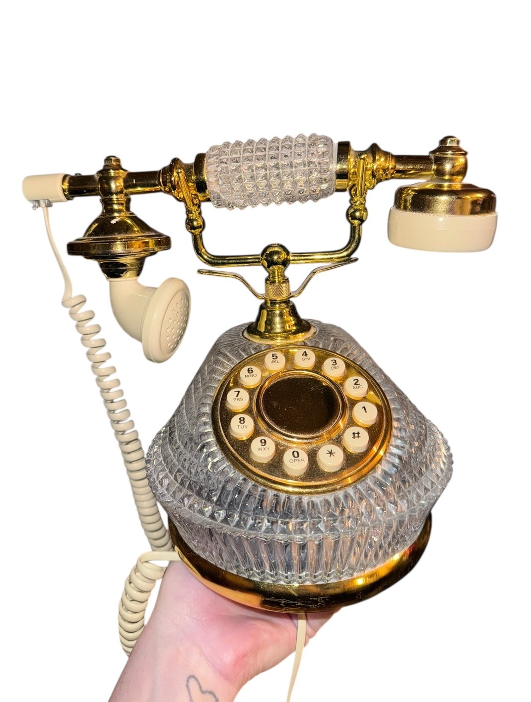 VTG Godinger French Style Crystal Phone W/ Push button Crystal- Brass Phone 1990