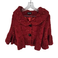Zsa Zsa Jacket Womens Large Red Cropped Boucle Button Short Sleeve Lined Elegant