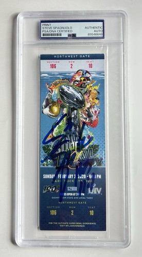 Biglietto commemorativo firmato Steve Spagnuolo Super Bowl LIV Chiefs Auto PSA/DNA