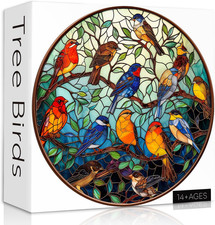 Stained Glass Puzzle Bird Puzzles for Adults 1000 Pieces, round Bird Tree Jigsaw