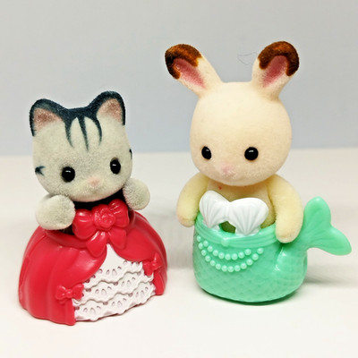 Sylvanian Families Chocolate Rabbit  Baby mermaid & Grayish Cat Baby Red Dress