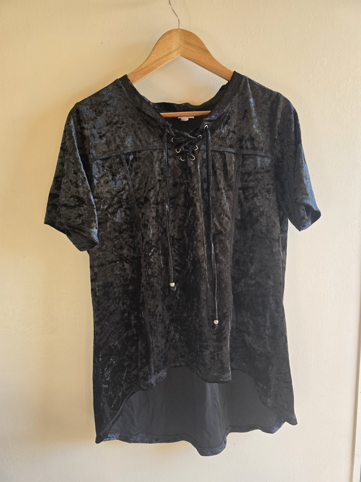 Women's VTG POL Black Velvet Short Sleeve Whimsigoth Coquette Tunic Blouse Sz L