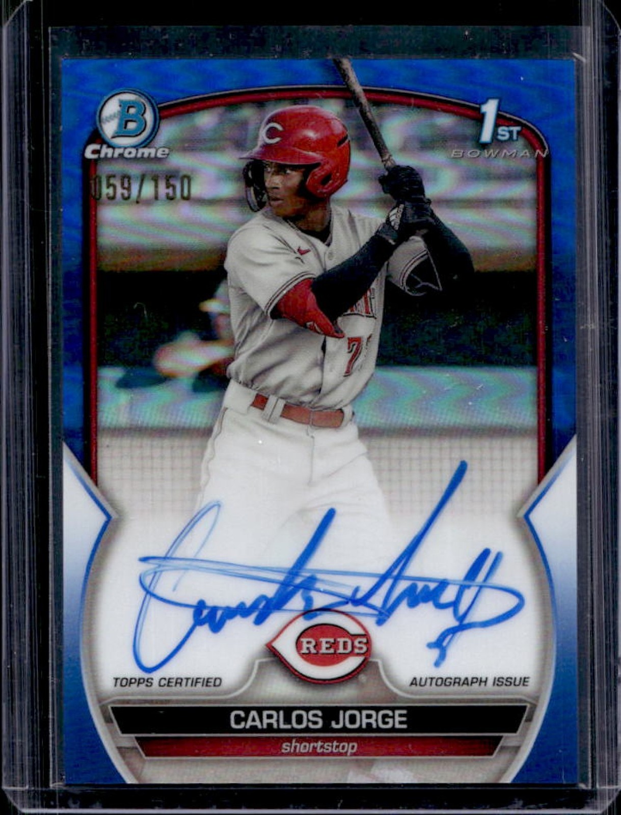 2023 Bowman Carlos Jorge Chrome Auto Blue Refractor 1st Prospect #/150 Reds