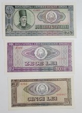 5, 10 & 25 Lei 1966 Romania 3 banknote Lot
