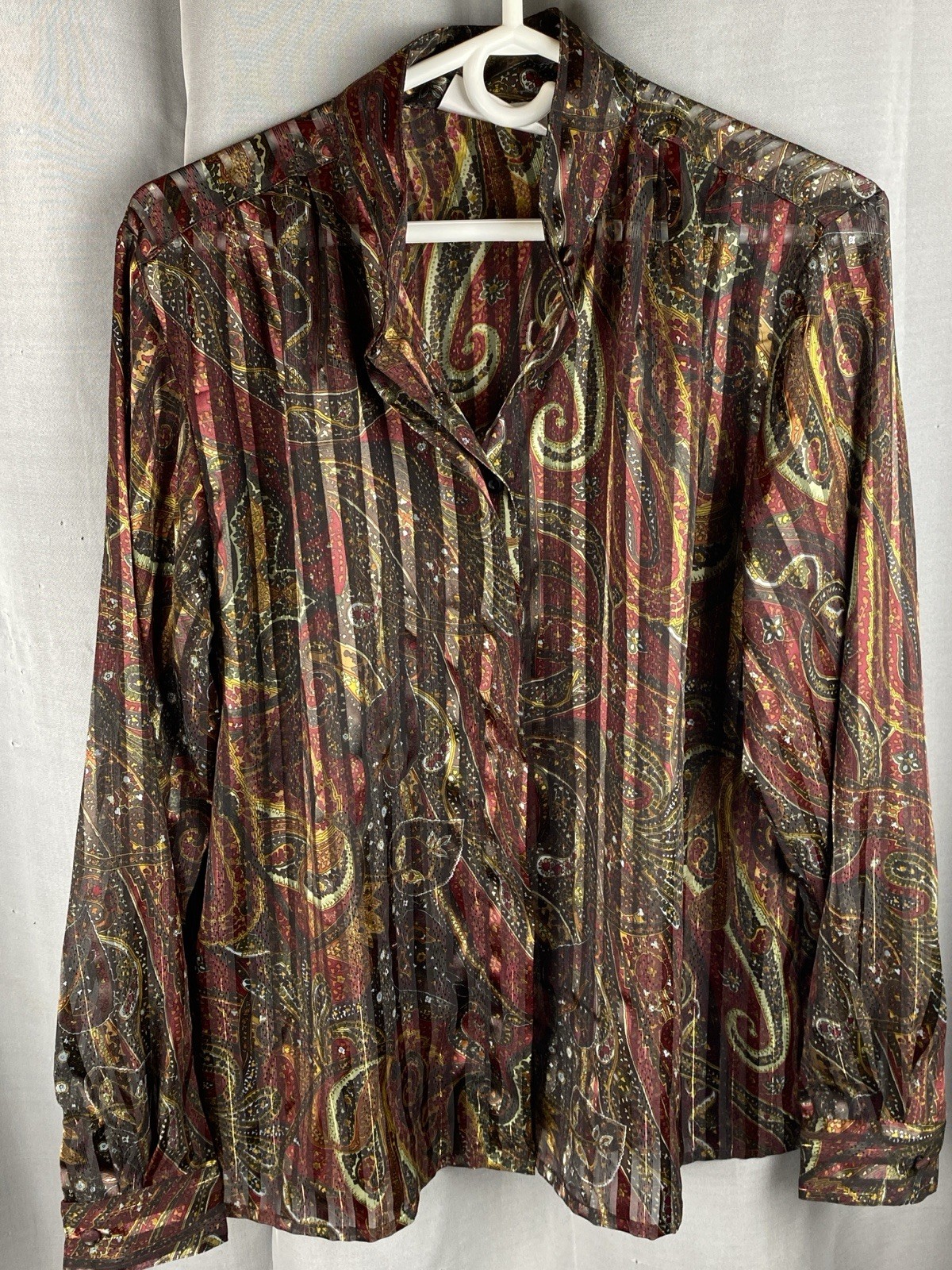 SAINT LAURENT Top elegante donna Yves taglia 14 marrone oro paisley trasparente con bottoni manica lunga