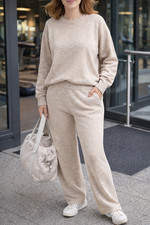 Women Stitched Knitted Jumper Top Wide Leg Trousers 2PCS Co-ord Loungewear Set
