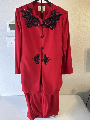 Ivana Women’s Red 2pc Pant Suit with Beading 100% Wool Size 12