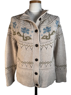 LL Bean Signature Fairisle Cotton Fisherman Knit Sweater Cardigan Large Petite